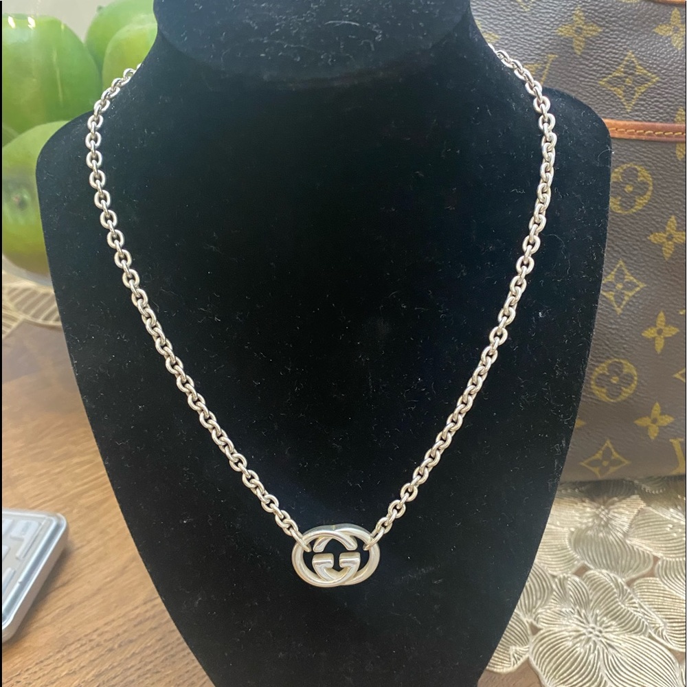GUCCI 925 Sterling Silver Interlocking GG Logos Necklace Pendant